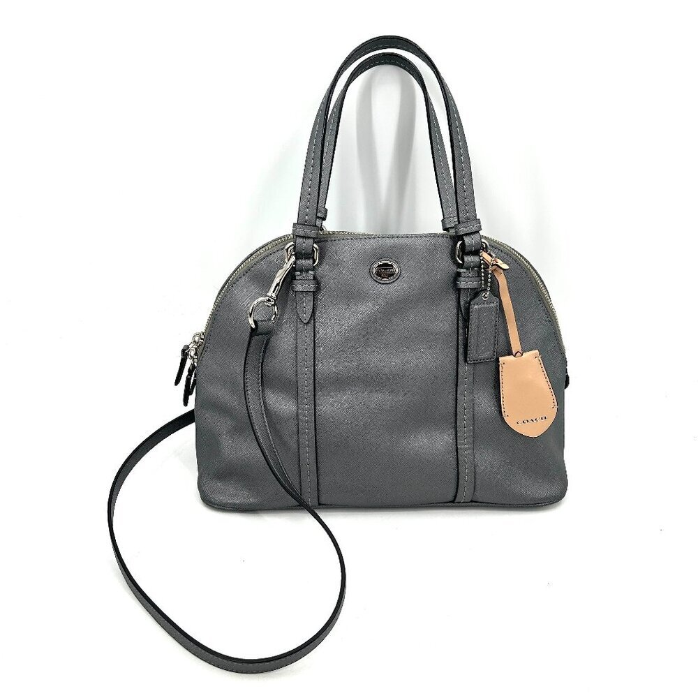 COACH Gray Metallic Peyton Saffiano Leather Domed Satchel Shoulder Handbag Purse
